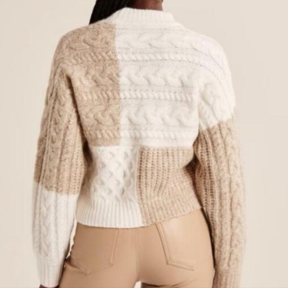 Abercrombie & Fitch Tonal Patchwork Mixed Cable Knit Chunky Sweater Cream XS - Picture 2 of 8